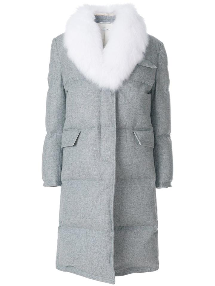 Thom Browne Flannel Down Filled Chesterfield Dress With Fox Fur Trim -