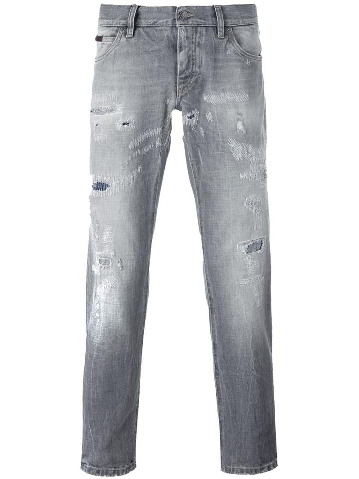 Dolce & Gabbana Ripped Detail Jeans, Men's, Size: 48, Grey, Cotton