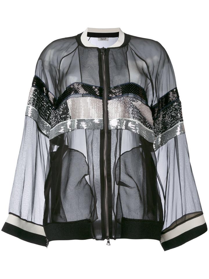 Aviù - Sheer Sequin Stripe Bomber Jacket - Women - Silk/polyester/viscose - 42, Black, Silk/polyester/viscose
