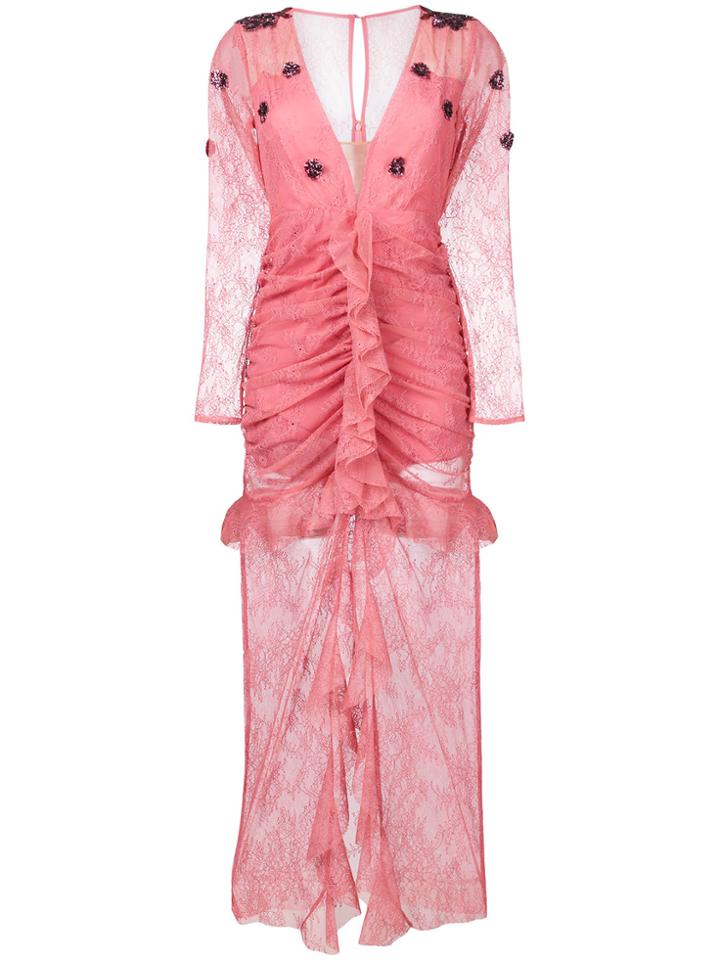 For Love And Lemons Plunge Neck Fitted Gown - Pink & Purple