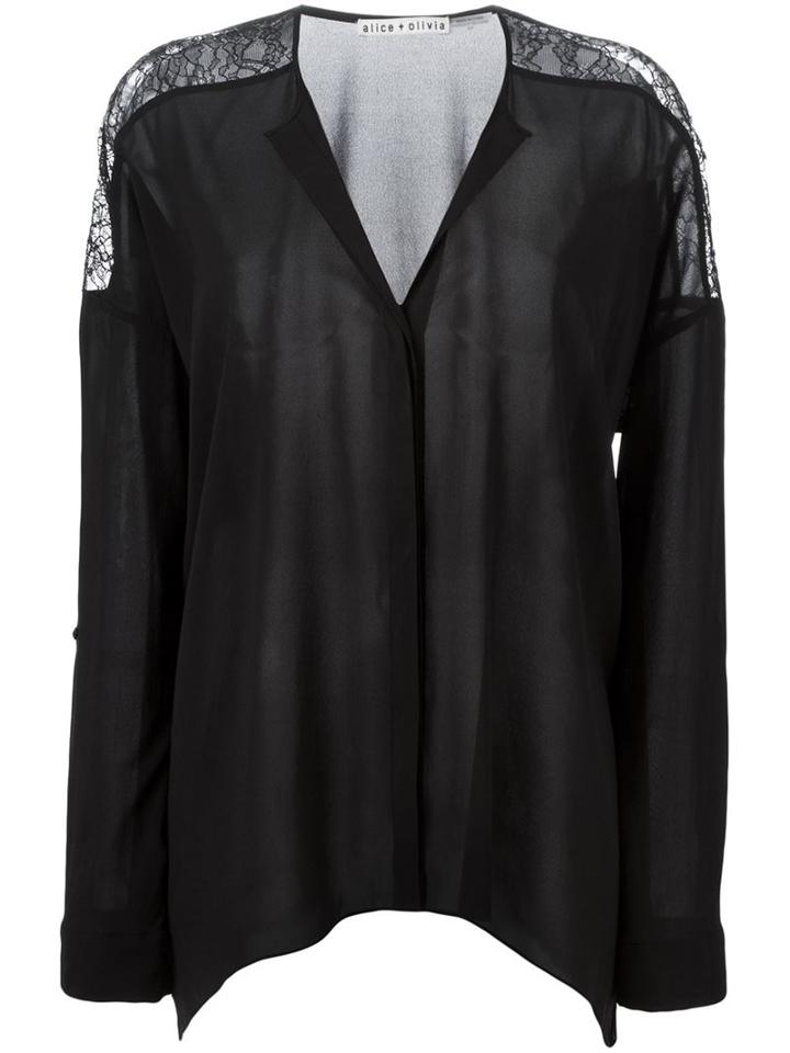 Alice+olivia Lace Panel Loose Fit Blouse, Women's, Size: Large, Black, Silk/elastodiene/nylon