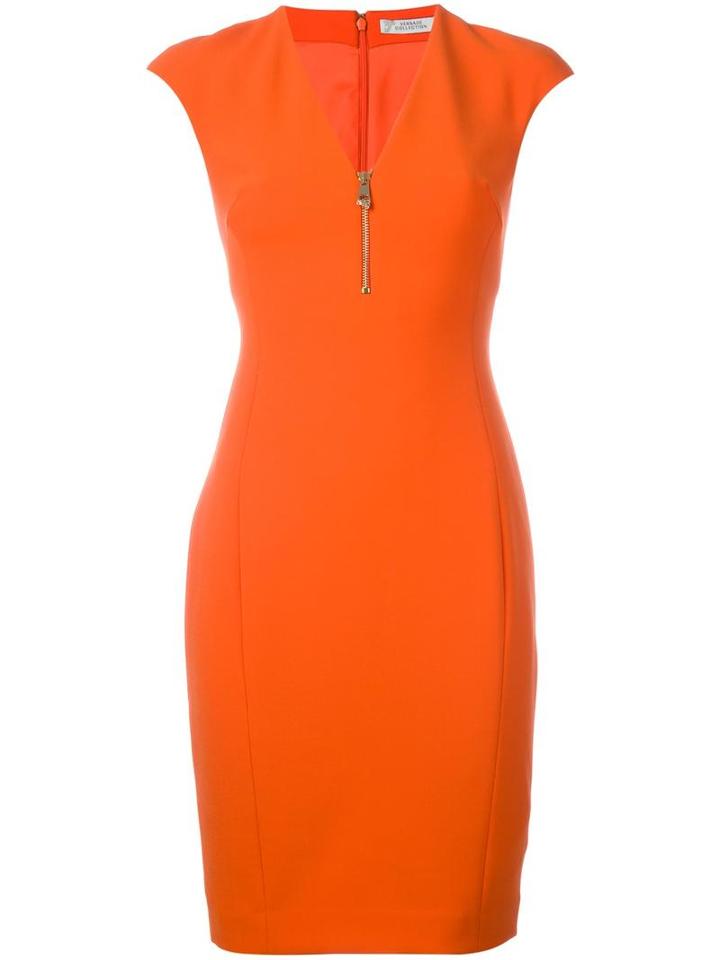 Versace Collection V-neck Fitted Dress, Women's, Size: 40, Yellow/orange, Polyester/spandex/elastane/cotton