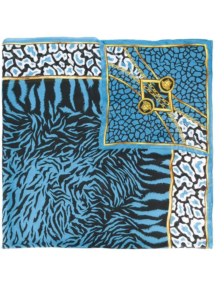Versace Zebra Print Scarf, Women's, Blue, Silk
