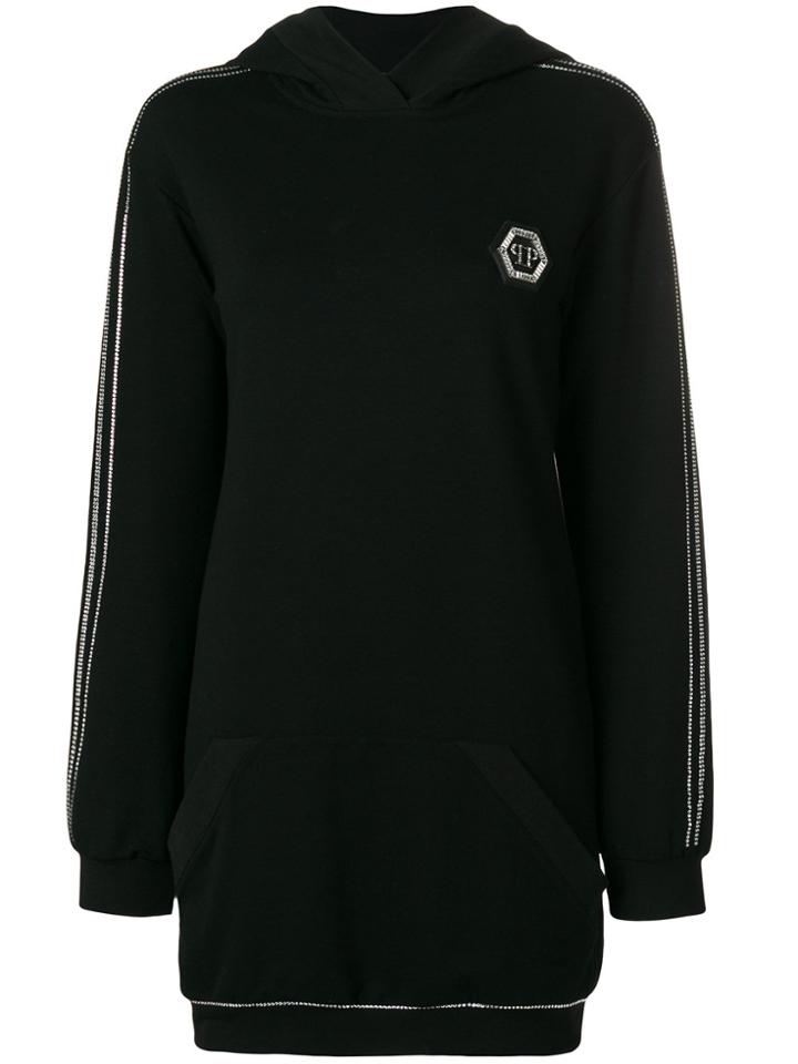 Philipp Plein Metallic Trim Longline Hoodie - Black