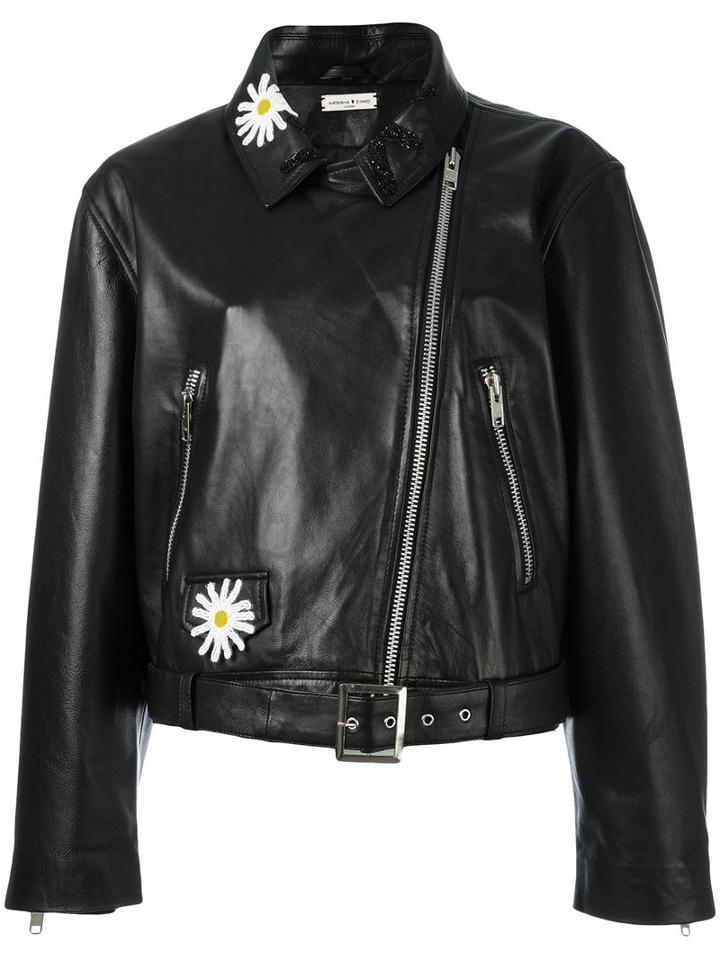 Natasha Zinko Daisy Embellished Biker Jacket, Women's, Size: 38, Black, Leather/polyester