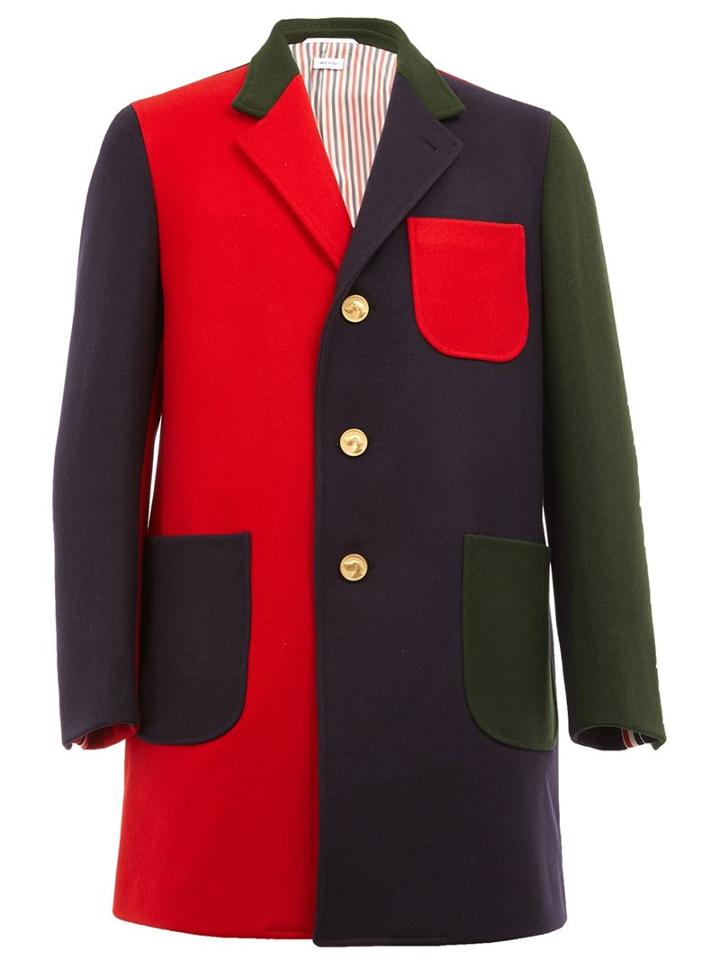 Thom Browne Contrast Side Single Breasted Coat, Men's, Size: 2, Blue, Cupro/wool