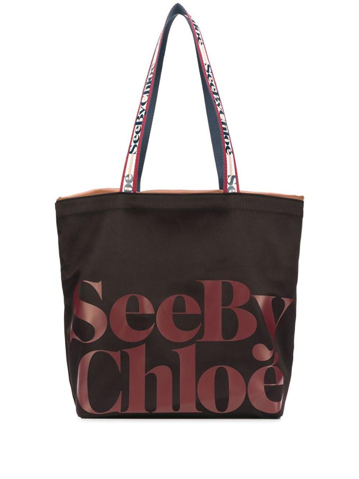 See By Chloé Logo Print Satin Tote - Black