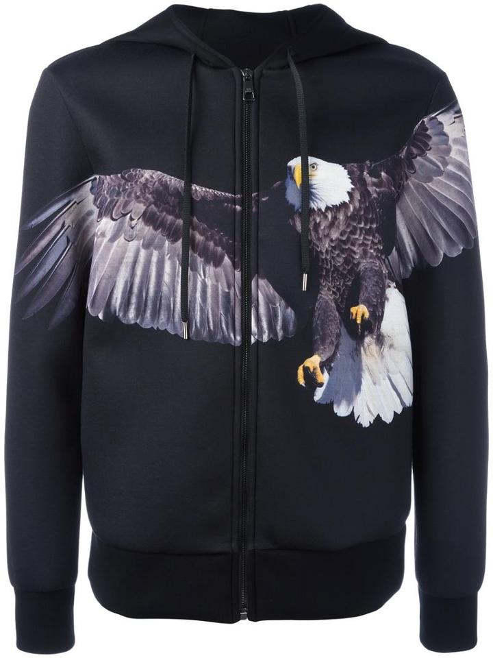 Neil Barrett Eagle Print Hoodie, Men's, Size: Xl, Black, Polyester/viscose/polyurethane
