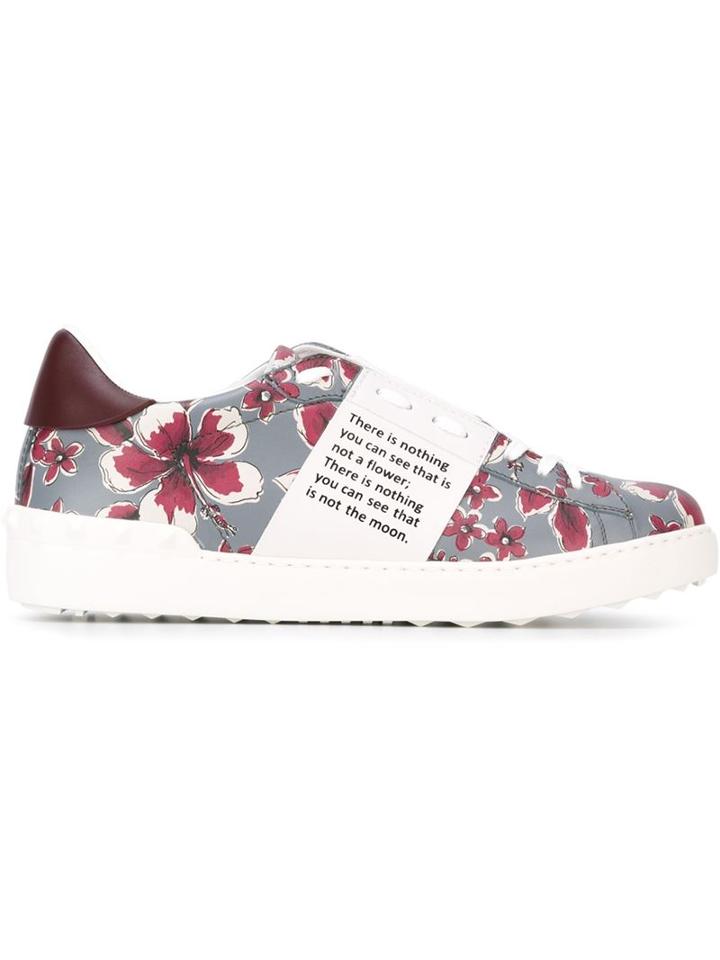 Valentino Garavani Open Floral Print Sneakers, Men's, Size: 41, Grey, Calf Leather/leather/rubber