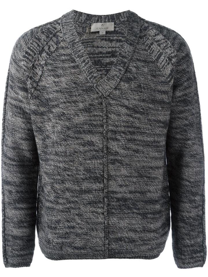Canali V-neck Jumper, Men's, Size: 54, Grey, Merino