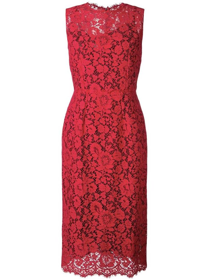 Dolce & Gabbana Floral Lace Fitted Dress, Women's, Size: 40, Red, Polyamide/viscose/cotton/spandex/elastane