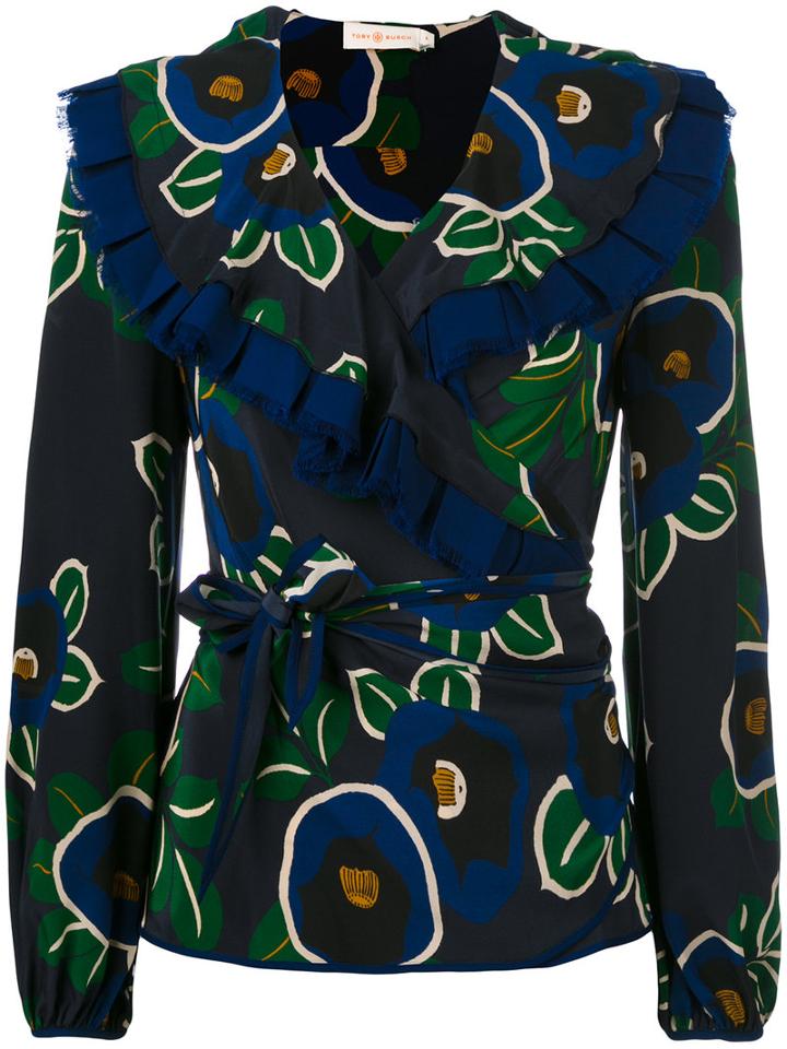 Tory Burch Floral Print Wrap Blouse, Women's, Size: 4, Blue, Silk/polyester