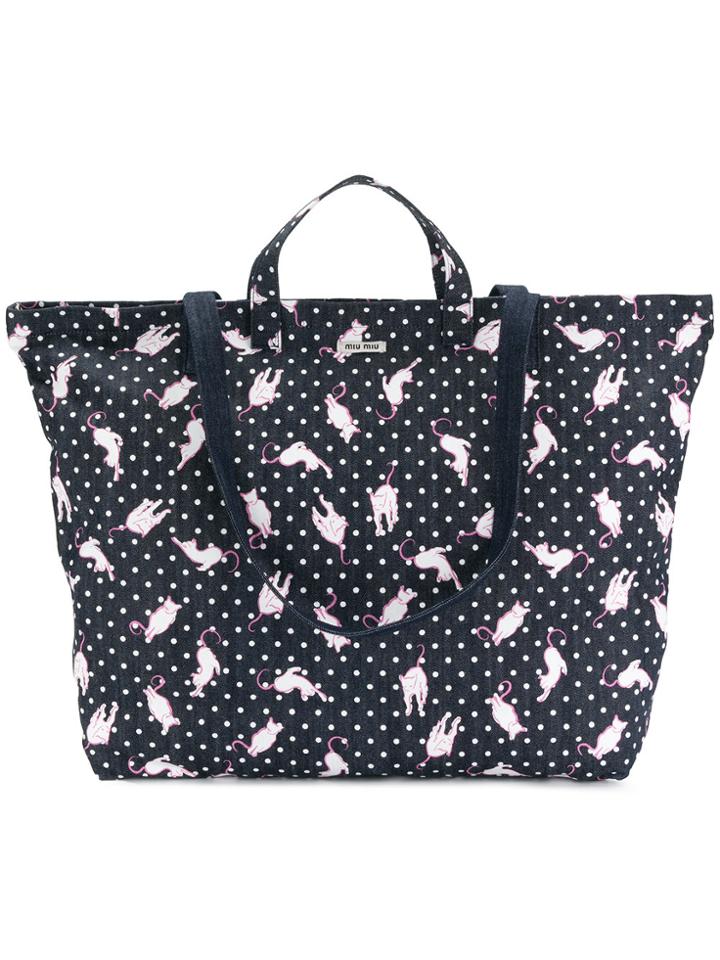 Miu Miu Cat Embroidered Denim Tote Bag - Blue