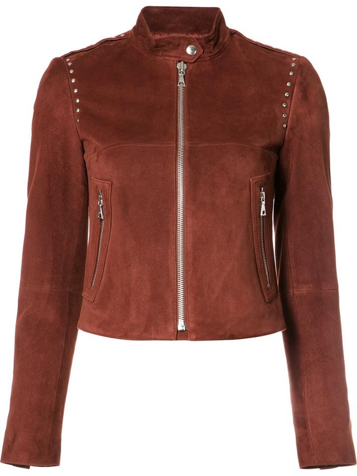 Theory Band Collar Leather Jacket, Women's, Size: Large, Red, Lamb Skin/rayon