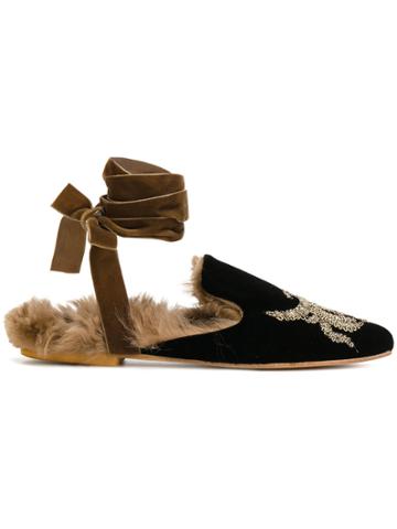 Gia Couture Embroidered Slippers - Black