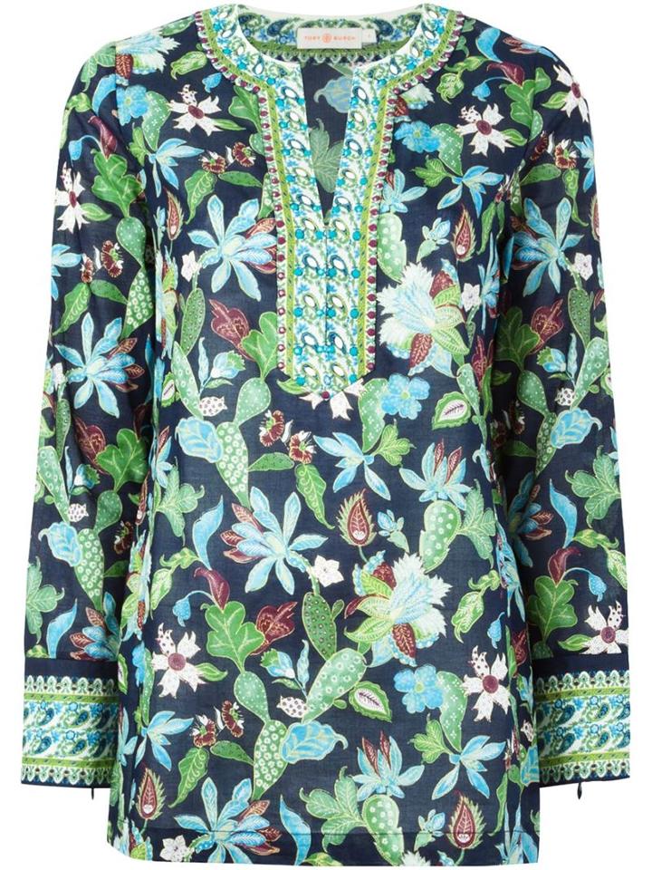 Tory Burch Floral Print Blouse, Women's, Size: 12, Blue, Cotton
