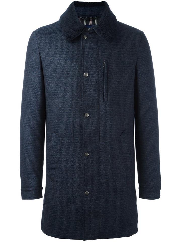 Etro Lamb Fur Collar Coat, Men's, Size: 48, Blue, Polyester/spandex/elastane/acetate/lamb Fur