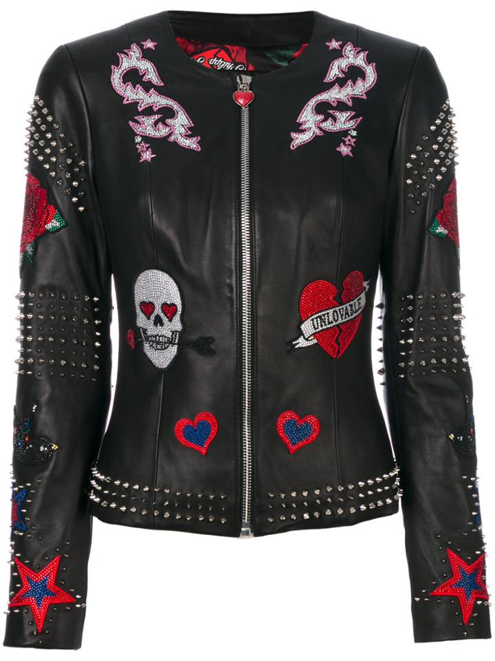 Philipp Plein Studded Patch Leather Jacket - Black