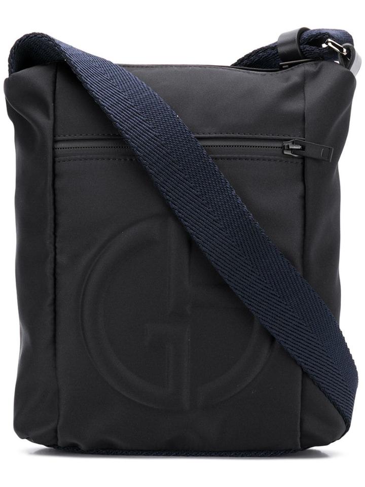 Giorgio Armani Logo Embossed Messenger Bag - Black