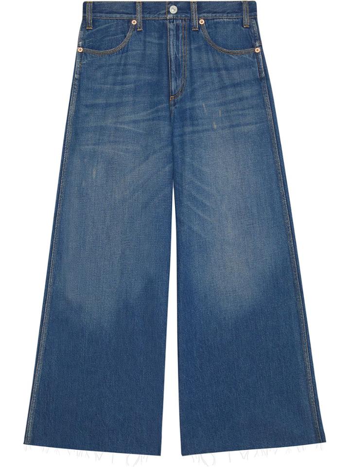 Gucci Wide Leg Denim Trousers With Patch - Blue