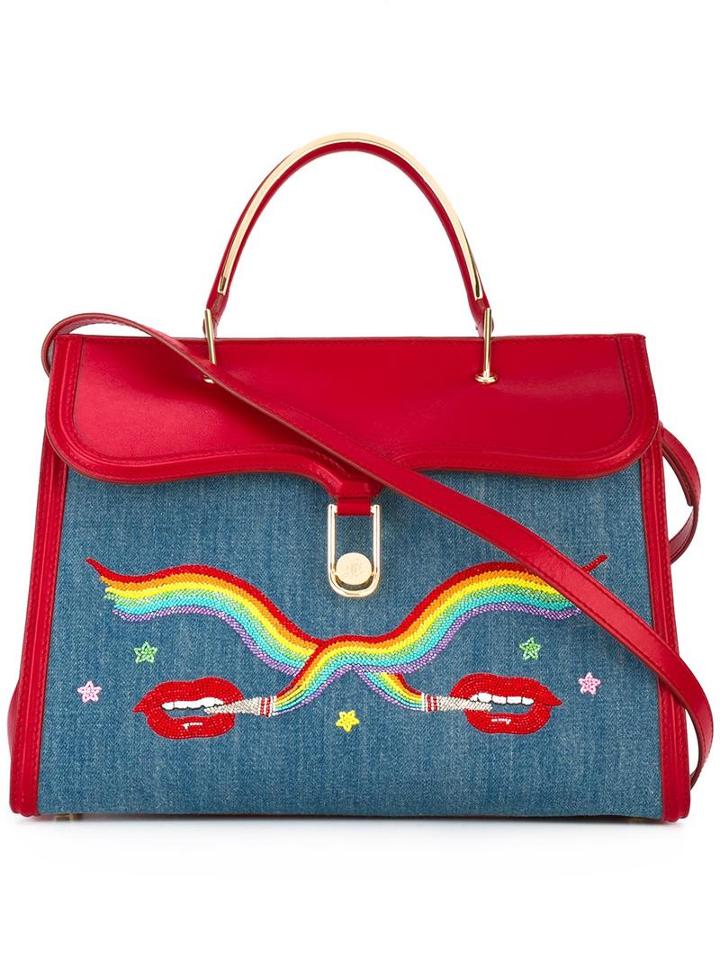 Olympia Le-tan Smoking Lips Embroidered 'marguerite' Tote, Women's, Blue, Calf Leather/cotton