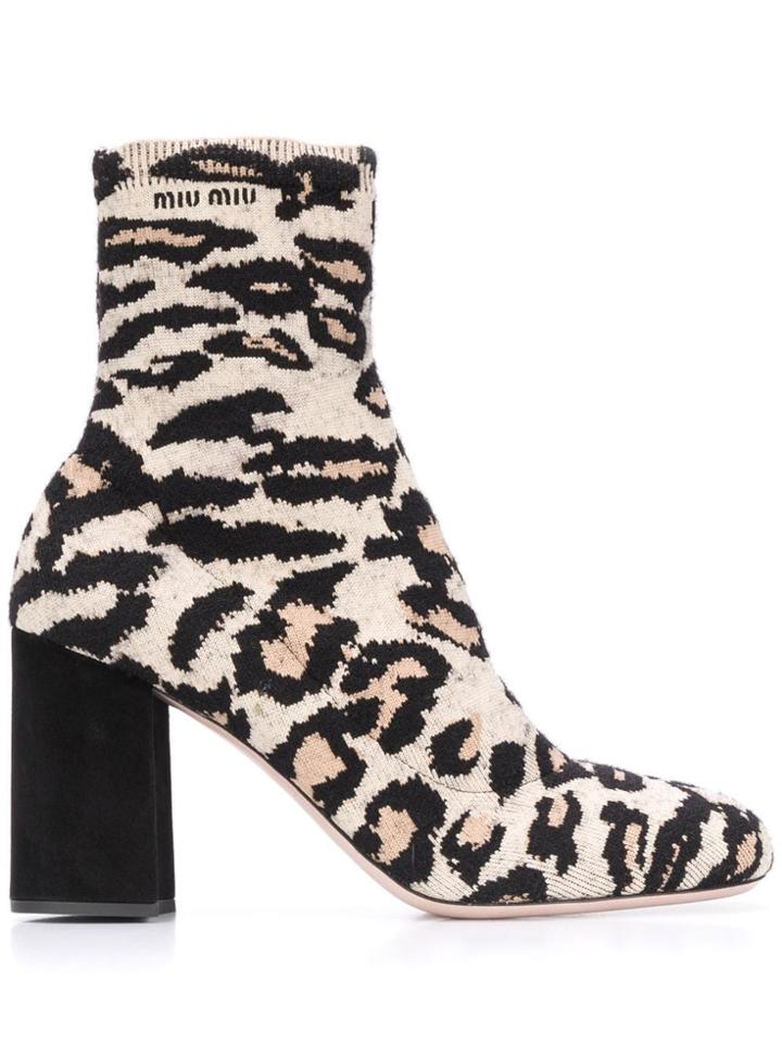 Miu Miu Leopard Knit Booties - Neutrals