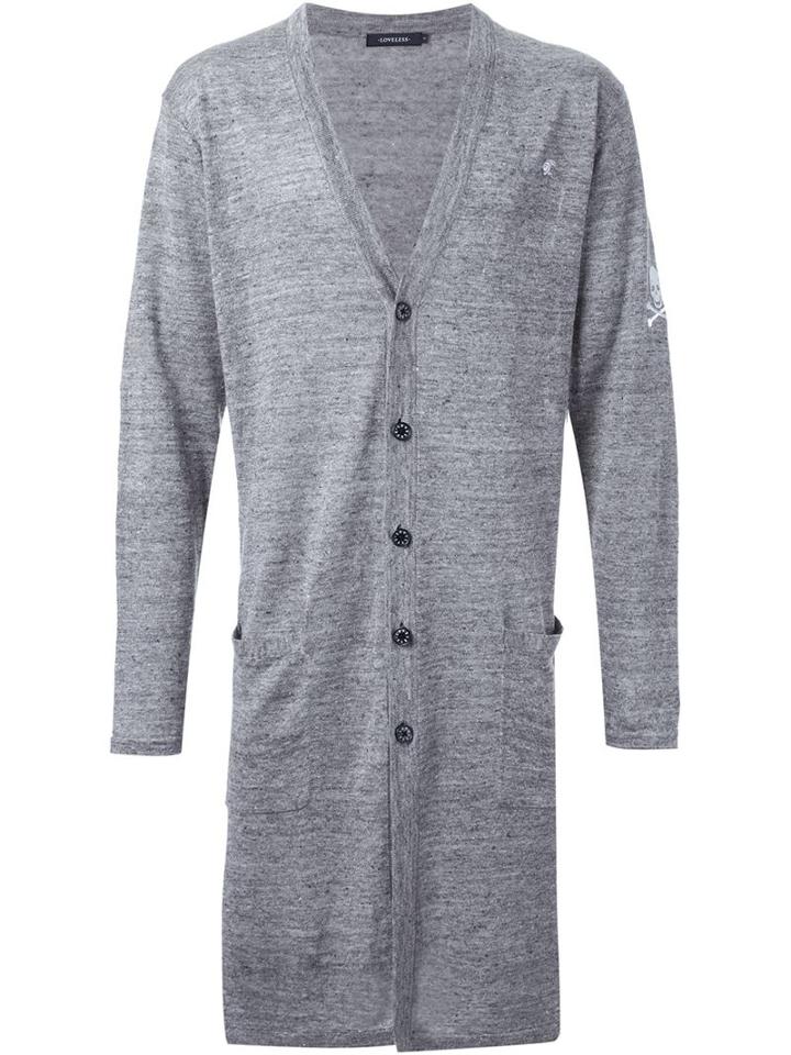 Loveless Long Embroidered Skull Cardigan, Men's, Size: 3, Grey, Linen/flax