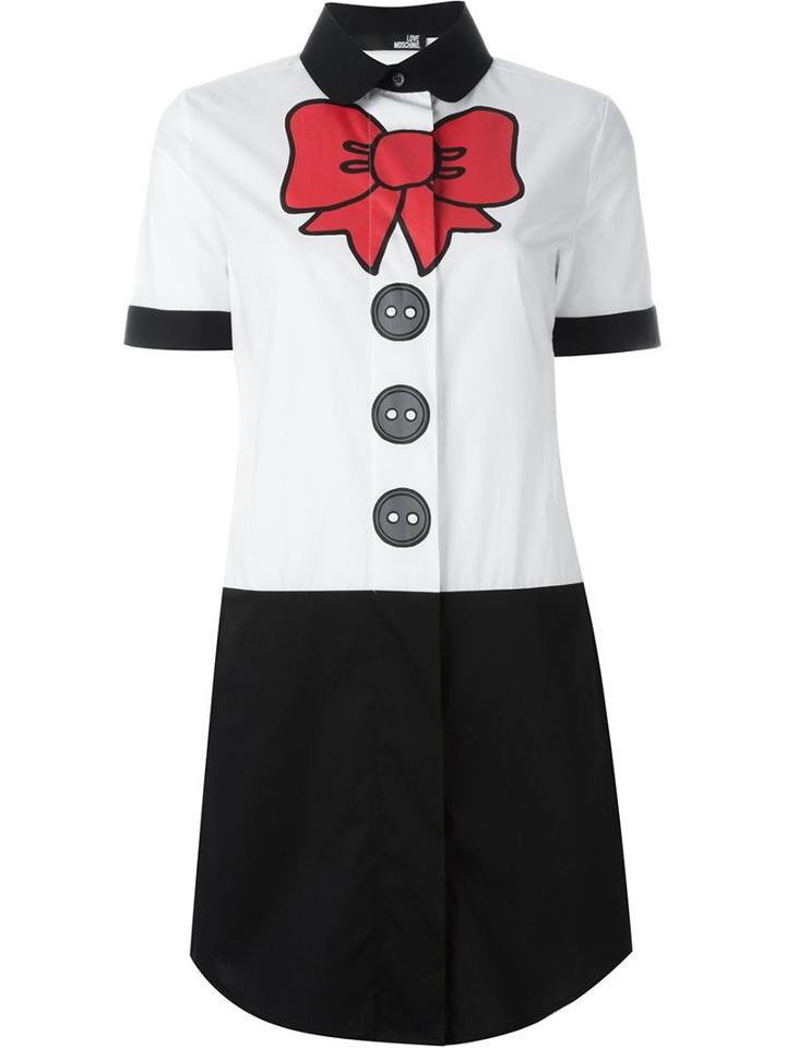 Love Moschino Red Bow Print Shirt Dress, Women's, Size: 46, White, Cotton/spandex/elastane