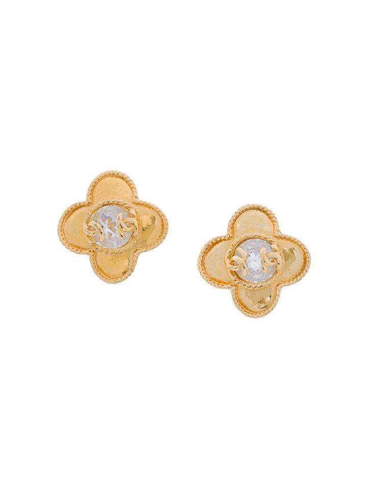Chanel Vintage Cc Logo Rhinestone Earrings - Metallic