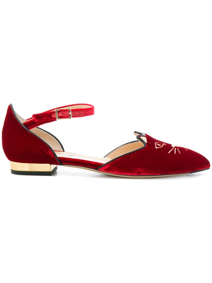 Charlotte Olympia Velvet Kitty Flats - Red
