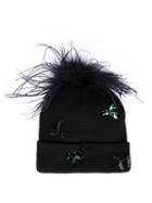 Piers Atkinson Crystal Bugs Feather Beanie, Women's, Black, Acrylic/ostrich Feather/glass