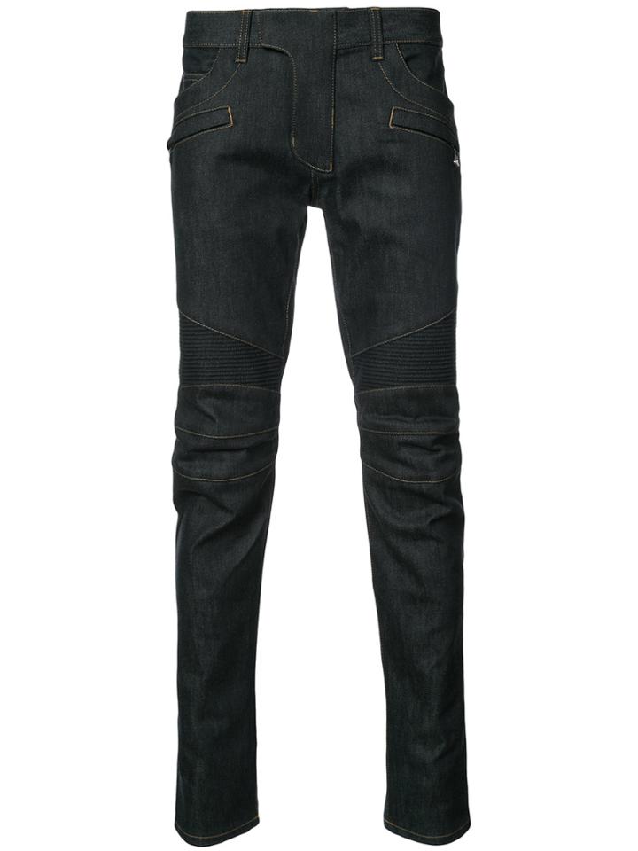 Balmain Raw Denim Biker Jeans - Blue