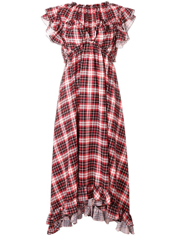 Msgm Check Empire-line Ruffled Dress - Red