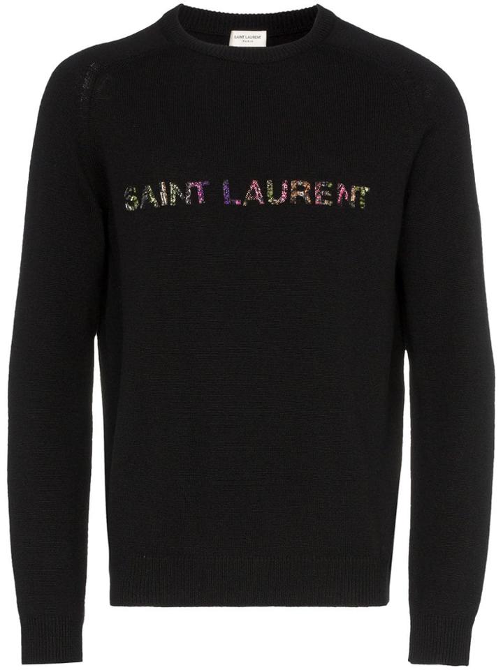 Saint Laurent Logo Crew Neck Wool Sweater - Black