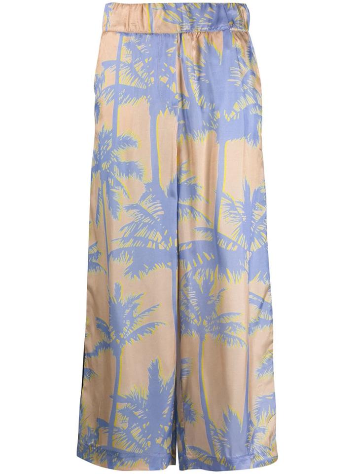White Sand Palm Print Cropped Trousers - Neutrals