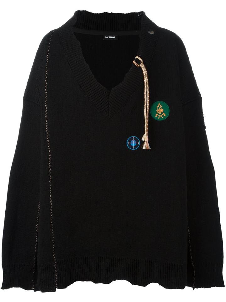 Raf Simons V Neck Oversized Jumper, Men's, Black, Virgin Wool