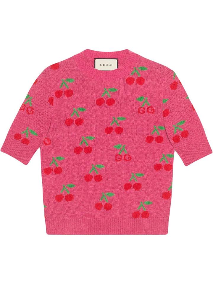 Gucci Sweater In Wool With Gg Cherry Jacquard - Pink