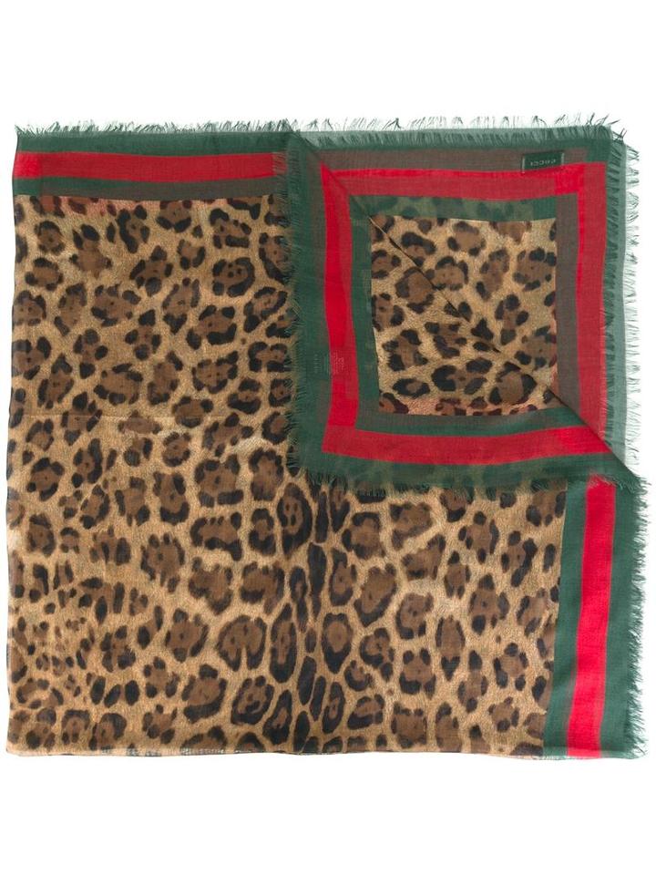 Gucci Leopard Print Scarf With Web, Women's, Nude/neutrals, Modal/silk