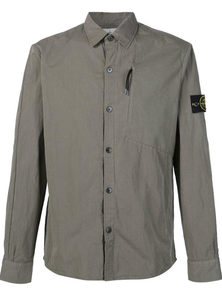 Stone Island Logo Patch Shirt, Men's, Size: Medium, Green, Cotton/polyamide