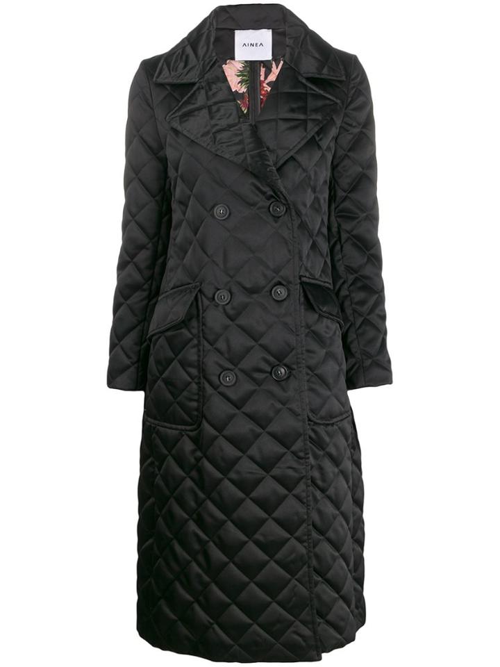 Ainea Diamond Quilt Double-breasted Coat - Black