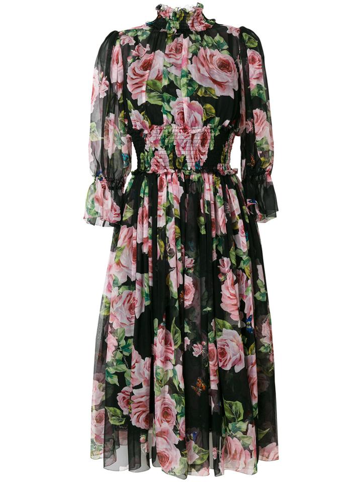 Dolce & Gabbana Rose Print Chiffon Dress - Black