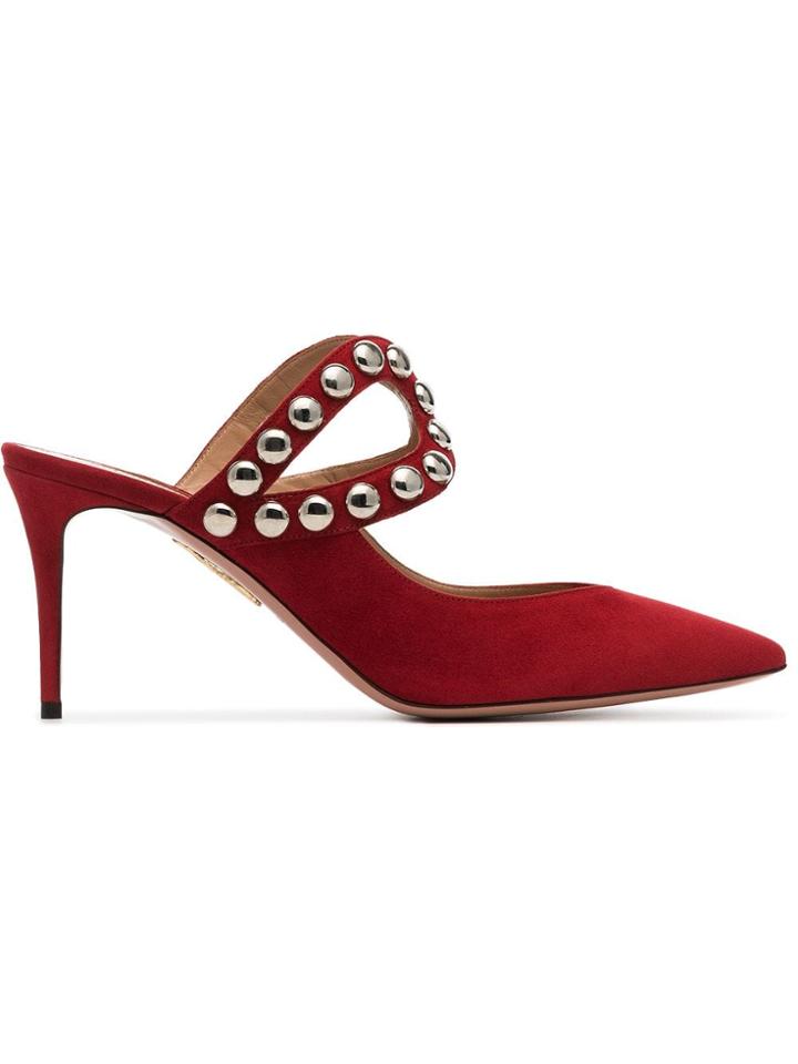 Aquazzura Studded Cut Out 80 Suede Mules - Red