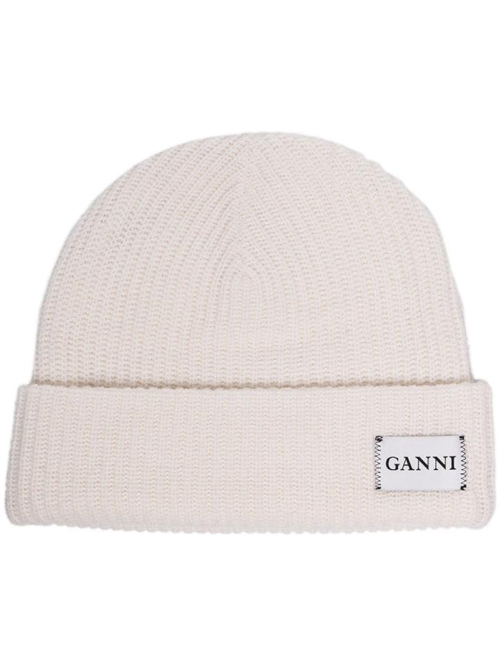 Ganni White Knitted Ribbed Wool Blend Beanie
