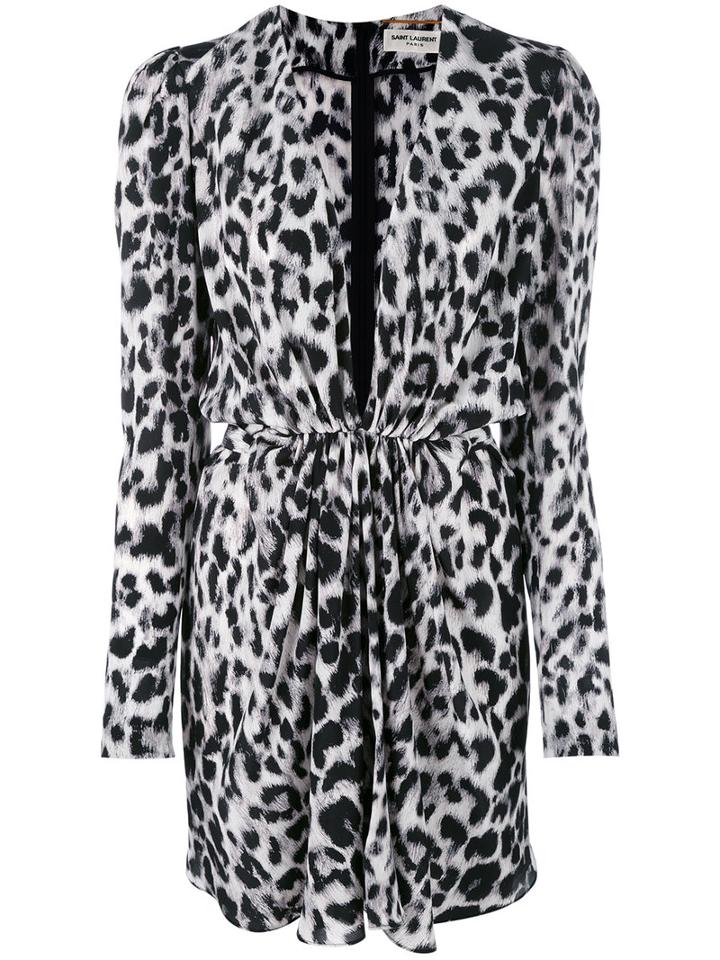 Saint Laurent - Long Sleeve Plunge Dress - Women - Silk - 40, Black, Silk