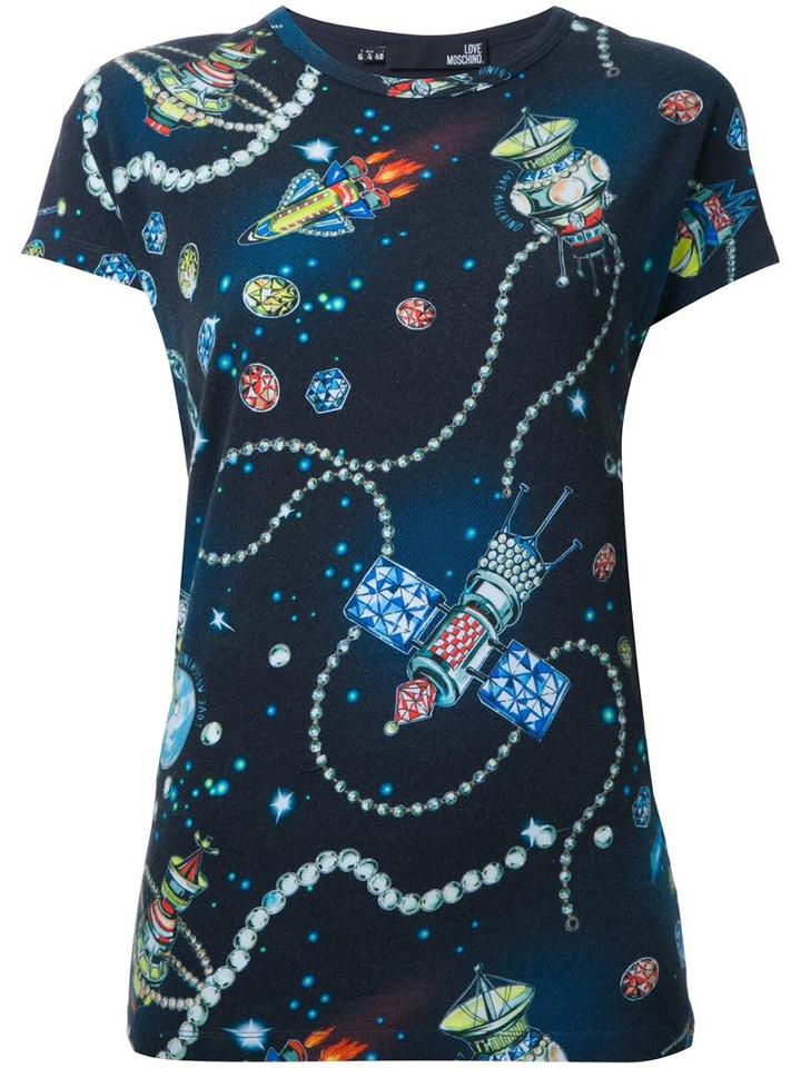 Love Moschino Space Print T-shirt, Women's, Size: 44, Blue, Cotton/spandex/elastane