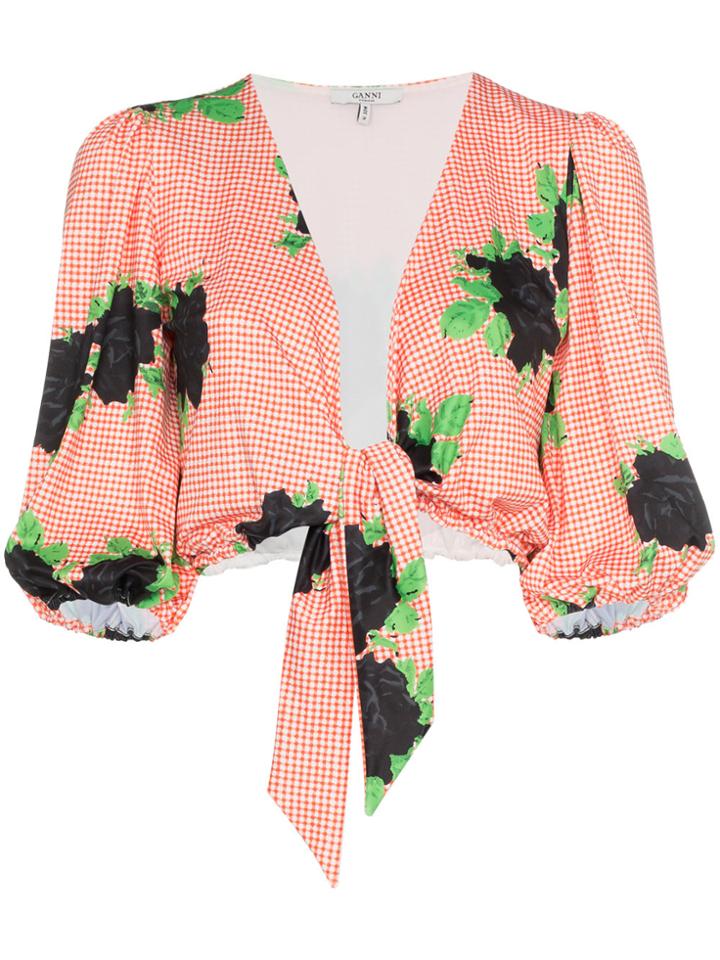 Ganni Checkered Crop Tie Puff Sleeve Top - Yellow & Orange