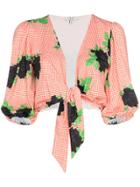 Ganni Checkered Crop Tie Puff Sleeve Top - Yellow & Orange