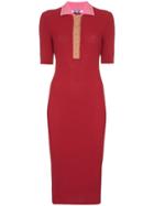 Sjyp Contrast Collar Ribbed Knitted Dress - Red