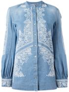 Ermanno Scervino Embroidered Billow Sleeve Top, Women's, Size: 46, Blue, Cotton/linen/flax
