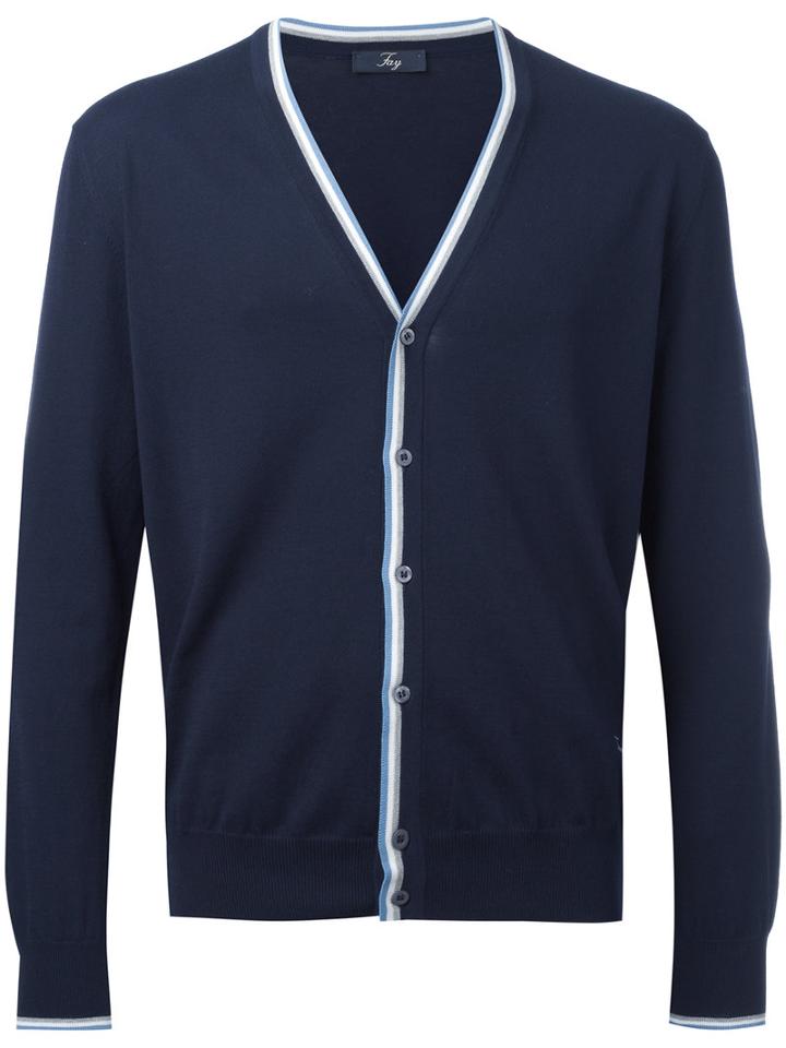 Fay Striped Trim Cardigan, Men's, Size: 50, Blue, Cotton